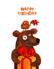 Bear with owl with present. Happy birthday. Watercolor and gouache Illustration