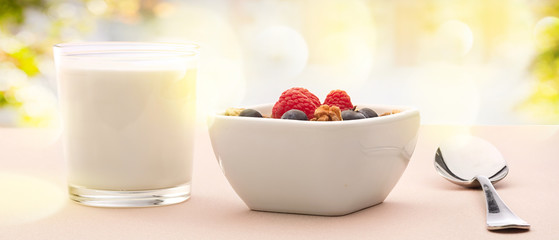 Breakfast with berries, nuts and milk