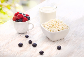 Breakfast with milk, cottage cheese and berries