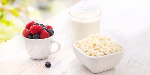 Breakfast with milk, cottage cheese and berries