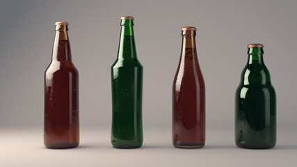3 D render of beer bottles of various sizes and colors standing on white background