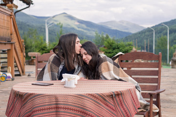 Loving couple in Carpathian Mountains