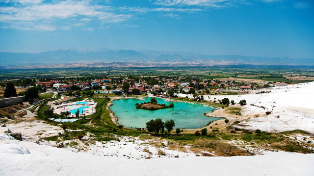 View of valley with pond in pamukkale