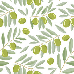 Seamless pattern with green olives on a branch with leaves. Vector illustration. For backgrounds, wallpapers, wrapping paper, textile.