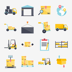 Set of flat warehouse icons logistic blank and transportation, s