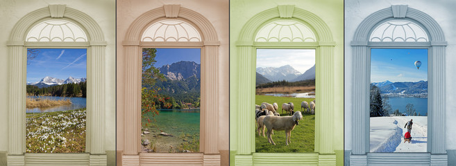 Collage Vier Jahreszeiten 10 - Frühlingswiese, Alpensee, Schafh