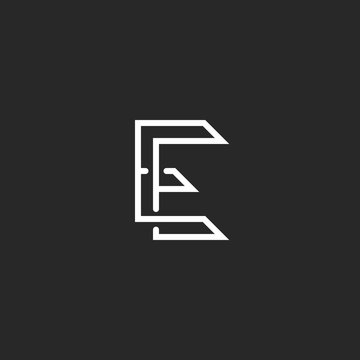 Hipster E letter logo monogram, illusion crossing outline thin line, black and white mockup invitation emblem
