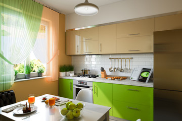 3D illustration of kitchen with beige and green facades