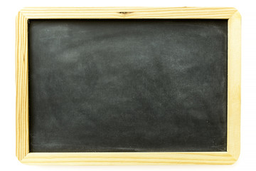 empty dirty blackboard with wooden frame isolated on white background