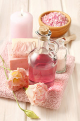 Pink spa set: liquid soap, scented candle, towel and rose sea sa