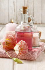 Pink spa set: liquid soap, scented candle, towel and rose sea sa
