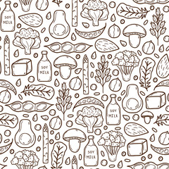 Seamless background with cartoon hand drawn objects on vegan