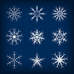 Fototapeta na wymiar Set of vector snowflakes on dark blue background. 