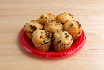 Small chocolate chip muffins on a red plate