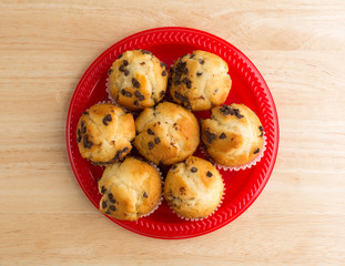 Red plate of chocolate chip muffins