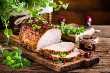 Roasted pork loin with cranberry and marjoram