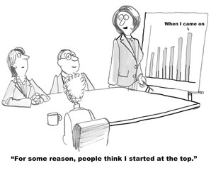 Business cartoon showing businesswoman who started with the company at the top of its sales peak.