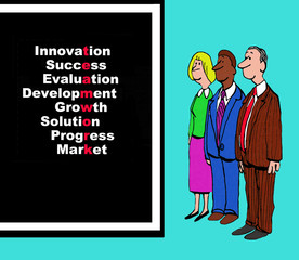 Business image showing three businesspeople and eight words that spell out 'teamwork'.