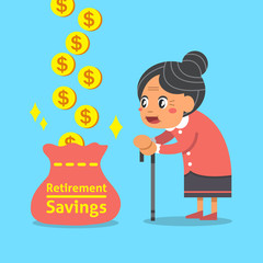 Cartoon an old woman with retirement savings bag for design.