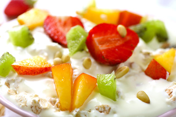 Healthy breakfast with homemade oatmeal, close up