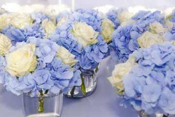 beautiful and delicate bouquet of white rose and blue hydrangea in glasses vase