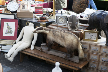  Flea market with old-fashioned goods displayed in London city, UK.  