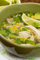 Chicken Avocado Lime Soup. Selective focus.