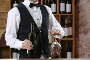 Bartender working at counter on bar background