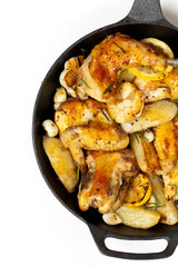 Frying Pan with Roasted chicken thighs. Selective focus.