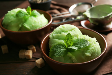 Homemade Green tea ice-cream on dark wooden background