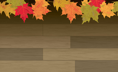 Naklejka na ściany i meble Autumn Leaves on Wood Floor Background