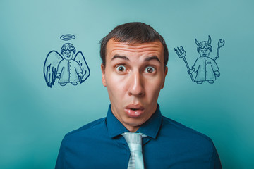 man Male businessman surprise surprise angel devil demon infogra