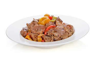 Thai food. stir fry pork with pepper chilli on white background