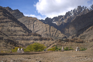 Scenic view of sand mountain and stupa roadside on the way to Hemis Monastery Ladakh ,India.