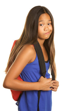 Cute Filipino Girl with Backpack on a white background and an  unhappy expression