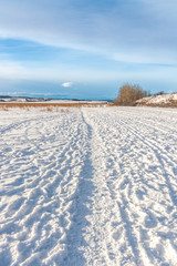 Fototapeta na wymiar Worn tracks in a snowy landscape, Calgary, Alberta.