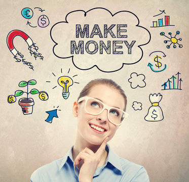 Make Money idea sketch with young business woman