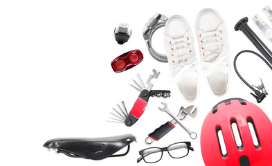 bicycle set and tools on a clear white background 