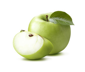 Green apple and quarter isolated on white background