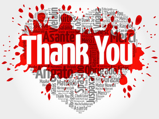 Thank You in many languages, love heart vector word cloud background with red splash
