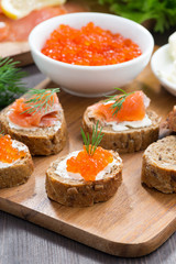 appetizers - toast with salted salmon and red caviar, vertical