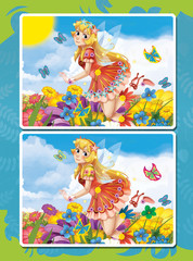 Cartoon illustration flying over flower field - page with comparing gamę - illustration for children
