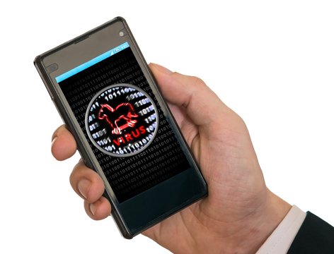 Anti virus software found malware thread. Man holds hacked smartphone in hand infected with virus.
