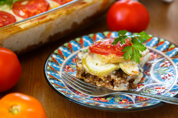 Moussaka dish with eggplants, traditional greek meal