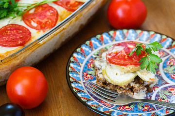 Moussaka dish with aubergine and meat, traditional greek meal