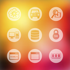 Universal modern icons for mobile or web interface on blurred background