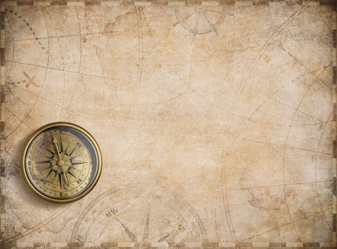 Fototapeta old nautical map background with compass