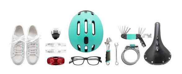 bicycle set and tools on a clear white background 