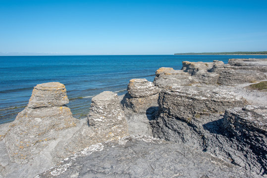
Byrum seastacks on Swedish Baltic sea island Oland and the view of the island Blue Virgin.