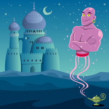 Genie 2 / Genie coming out of lamp in Arabian desert. No transparency and gradients used. 
